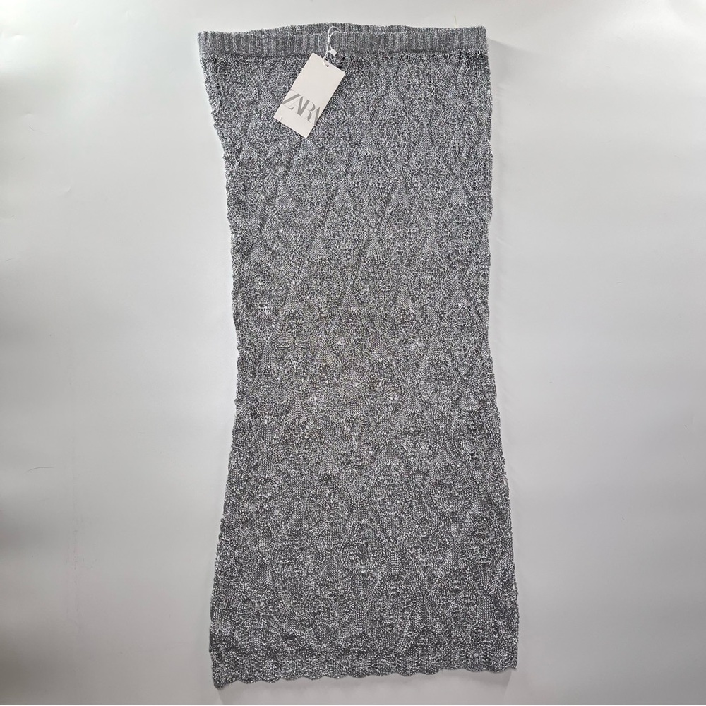 ZARA Silver Gray Sheer Knit Maxi Skirt Beach Metallic Cover Up NWT Large